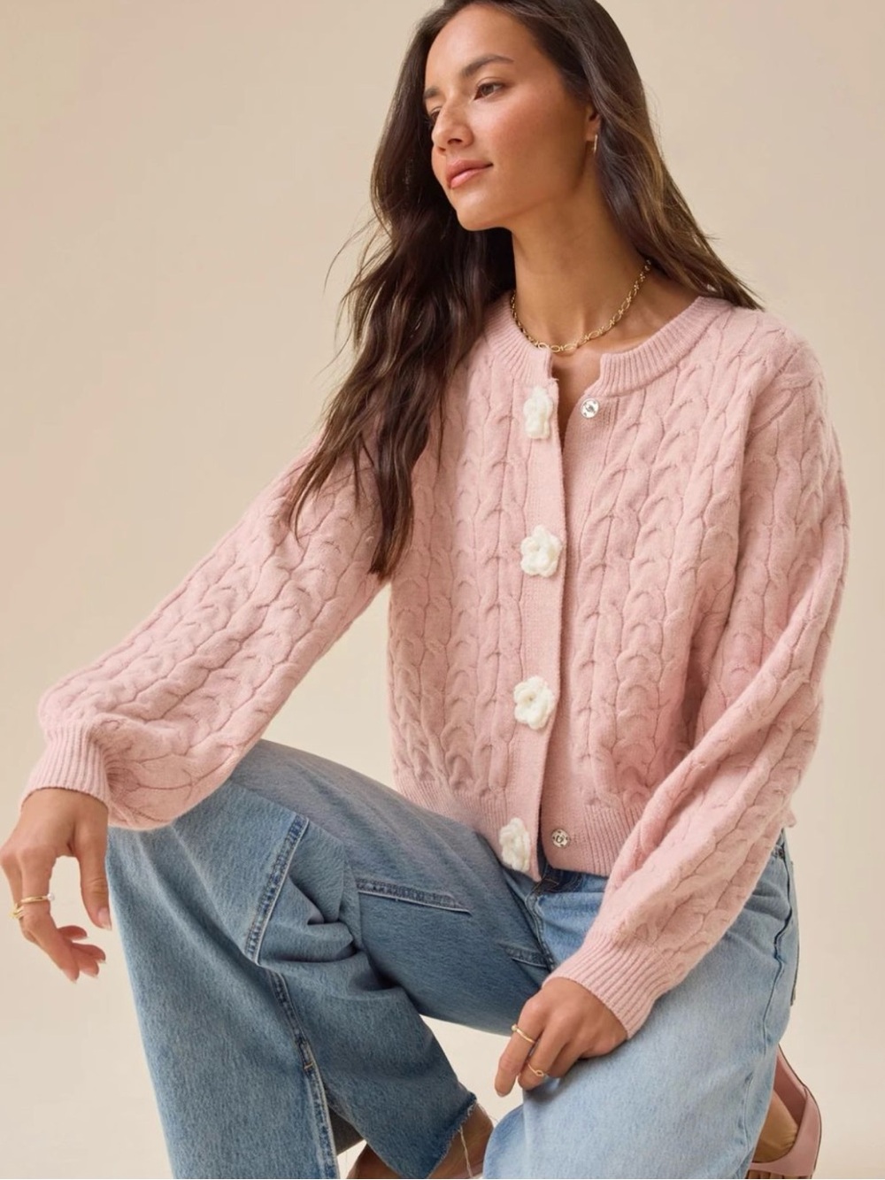 Altar'd State Blush Pink Cable Knit Cardigan with Floral Buttons NWT - Picture 1 of 4